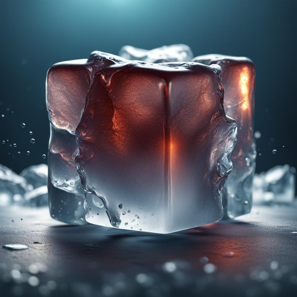 Realistic Ice Cube in Vibrant Fantasy Scene