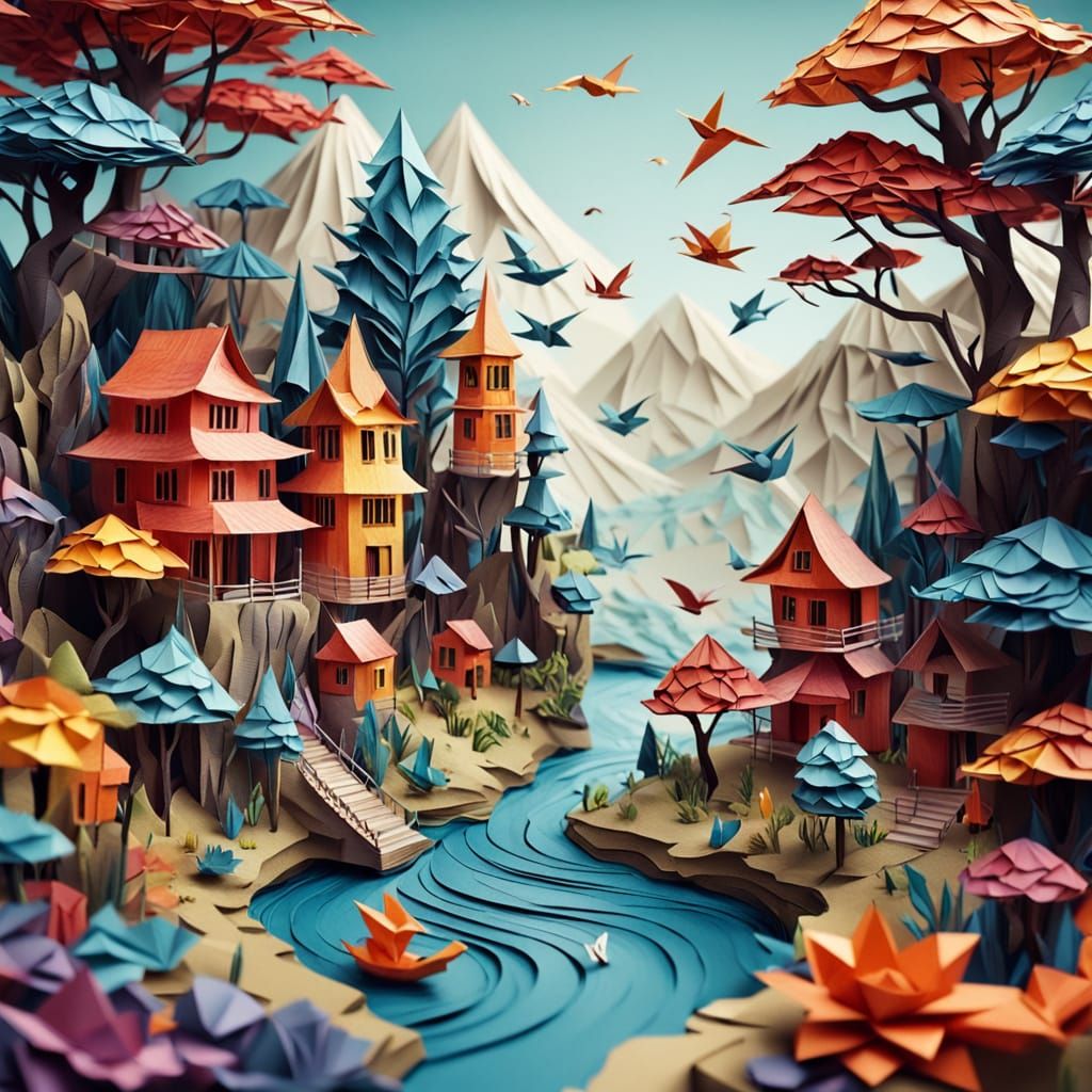 Origami World of Folded Paper and Sketches
