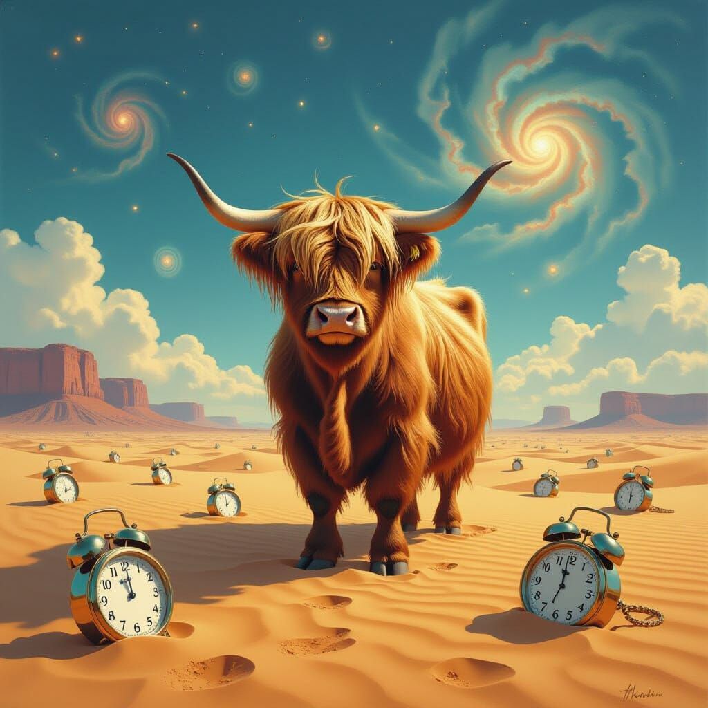 Majestic Highland Coo in Dreamlike Desert with Nebula Sky