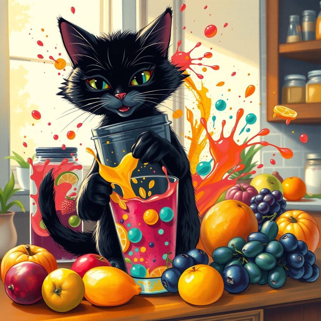 Whimsical Cat in Midst of Kitchen Chaos, as Impressionist Pa...