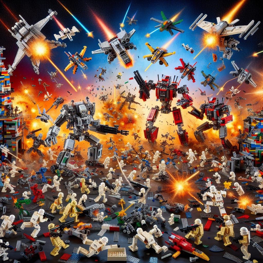 Lego Robots Engage in Epic Battle Amidst Brick Landscape