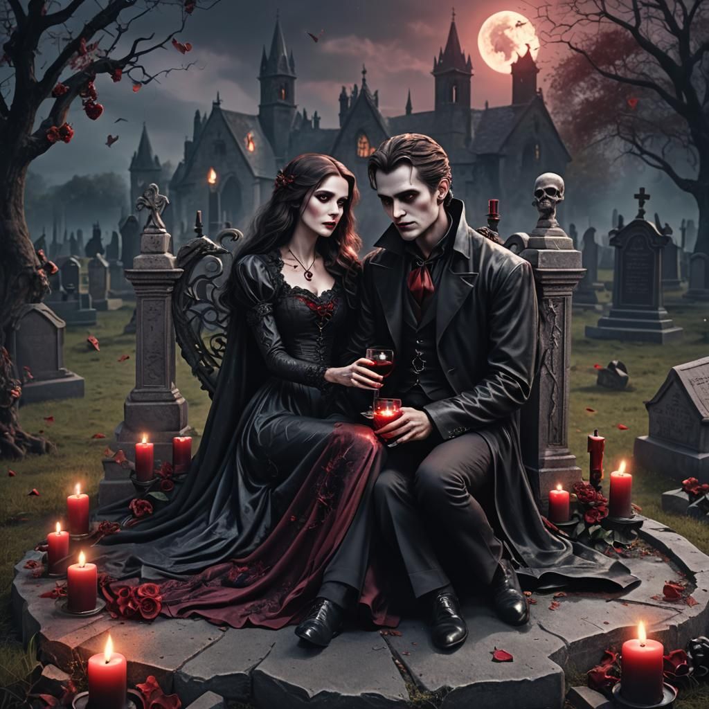 Ethereal Vampire Couple Surrounded by Love and Darkness