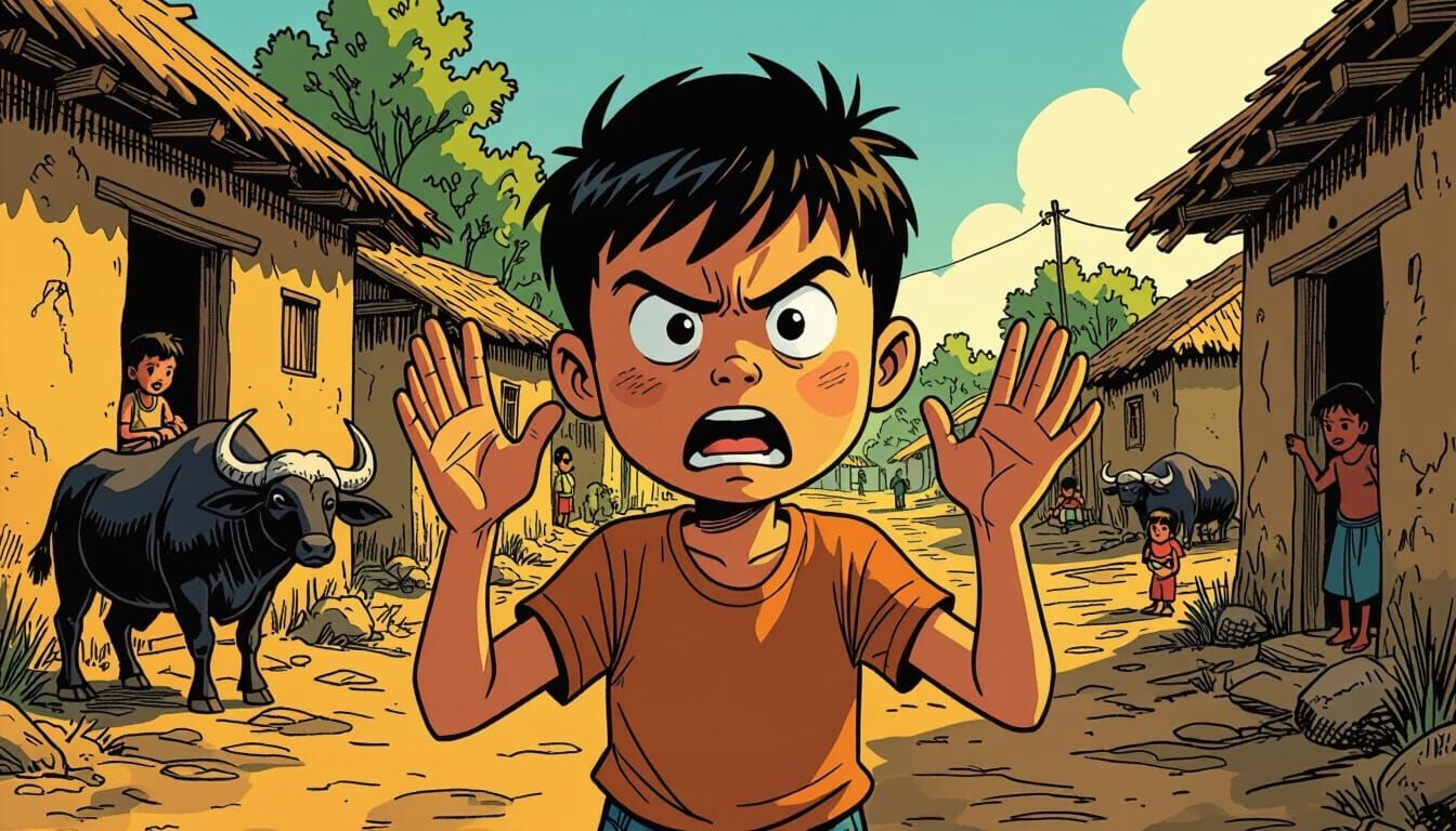 Boy's Comic Disbelief in Village Scene