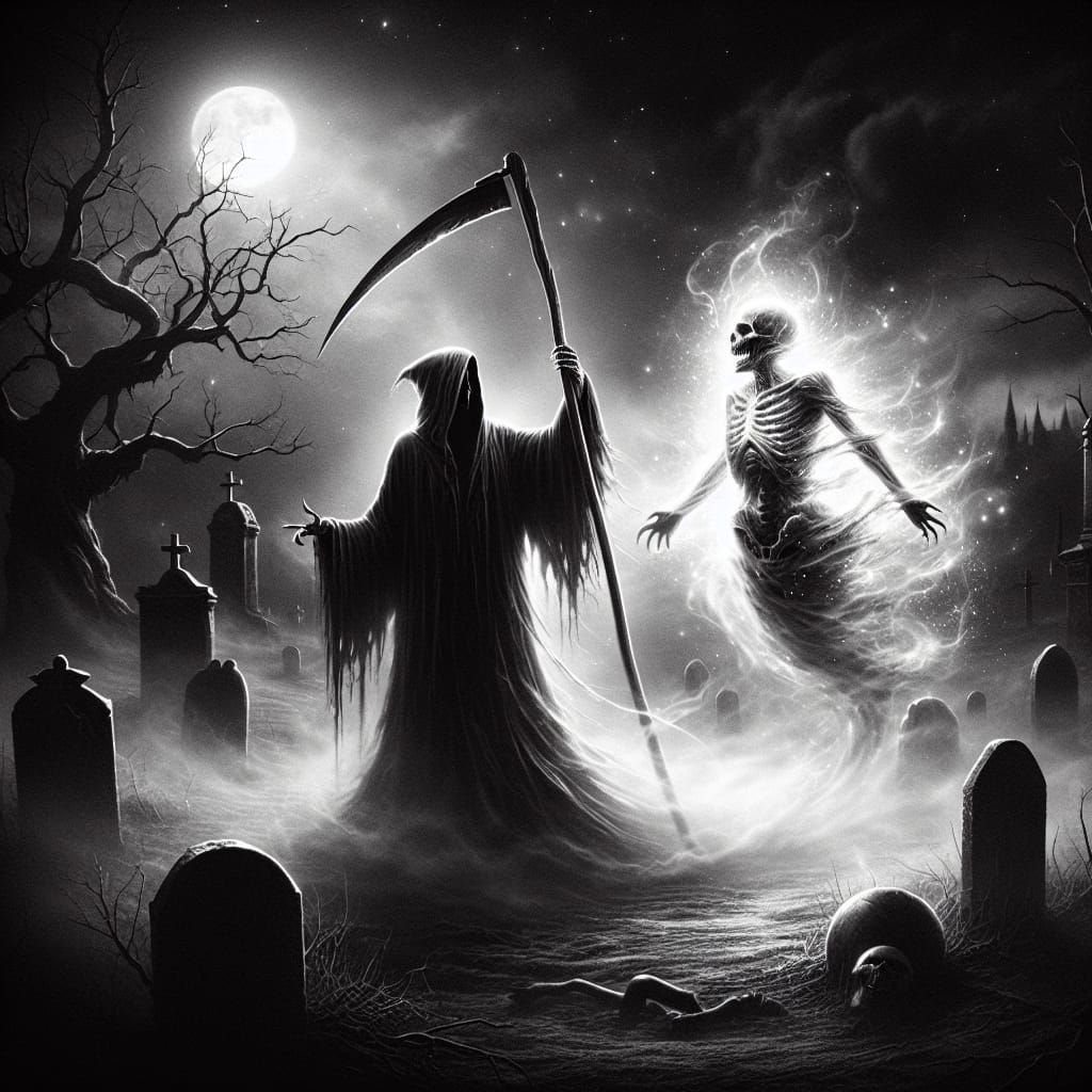 Classic Horror Grim Reaper in Desolate Cemetery