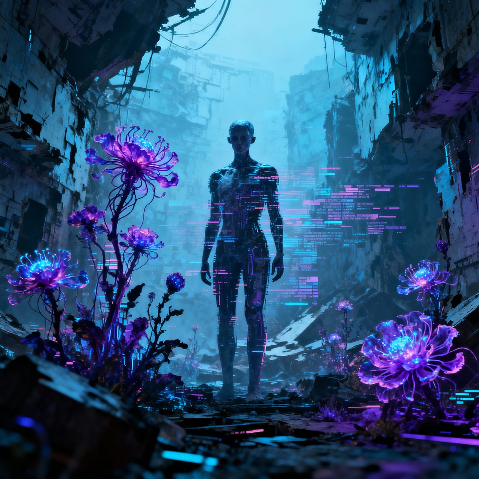 Post-Human Figure in Digital Ruins