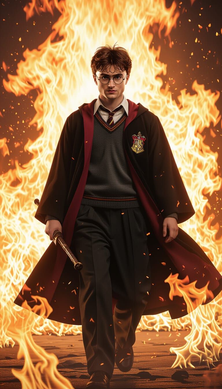 Harry Potter Surrounded by Flames in Cinematic Style