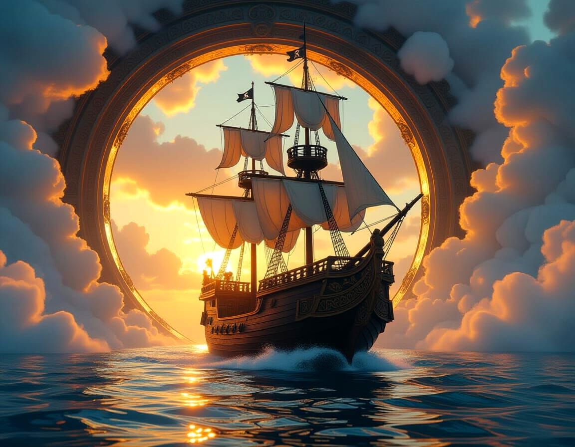 Pirate Ship Through Ocean Portal in Thomas Kinkade Style