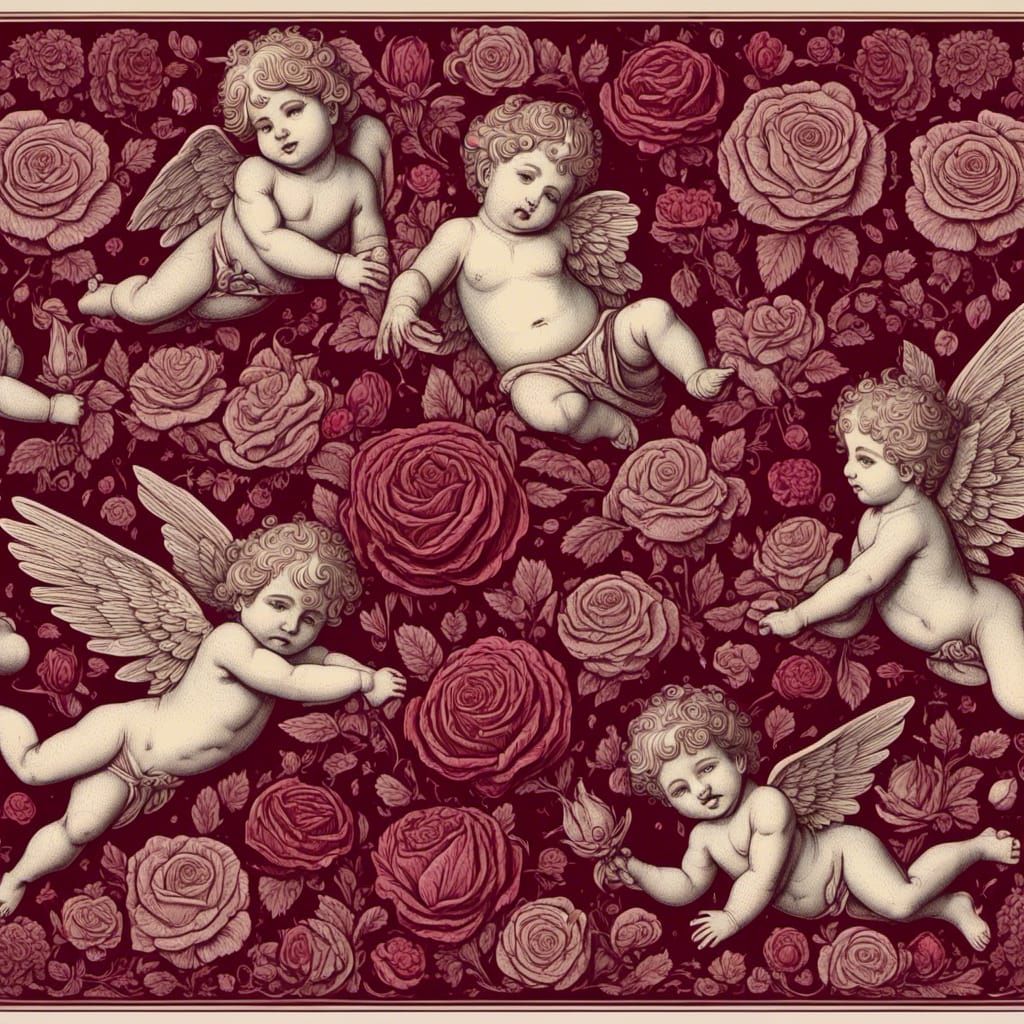 Victorian Cherubs Adorned by Dark Burgundy Roses