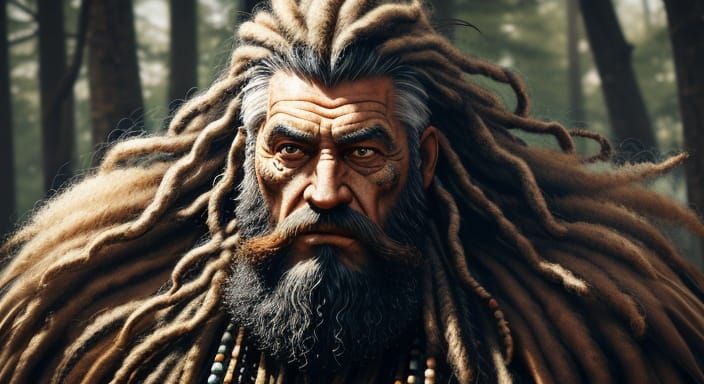 Fierce Old Man with Eagle Tattoo in Forest