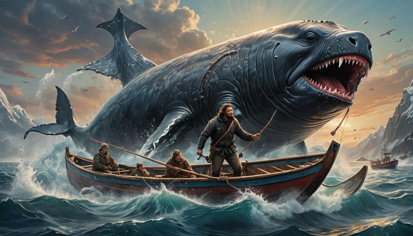 Man with Harpoon Hunts Bowhead Whale on High Seas in Hyperre...