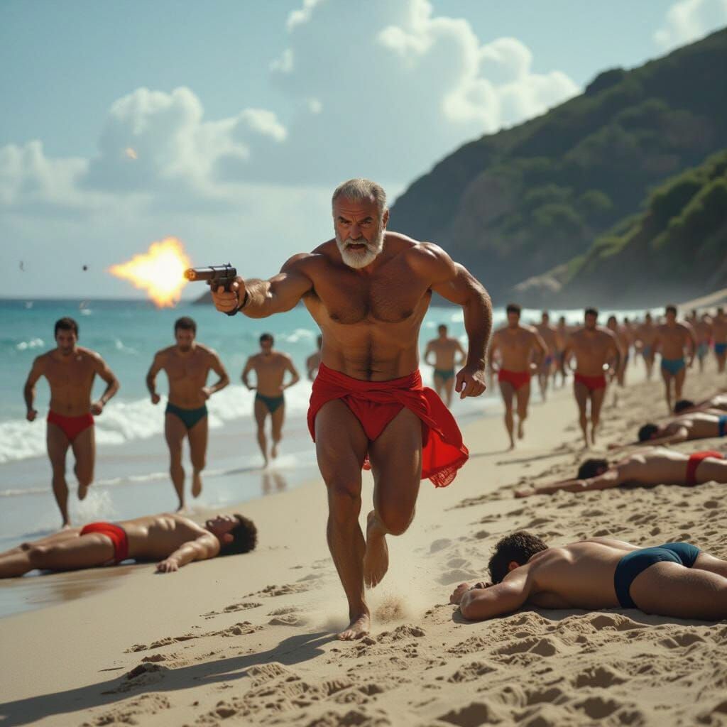 Zardoz-Inspired Beach Chase Scene in Film Style