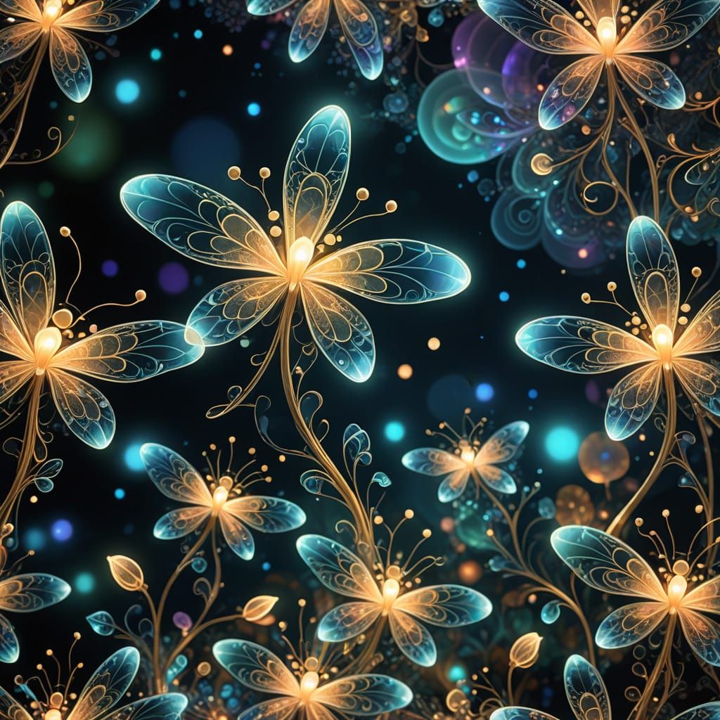 Whimsical Firefly Flowers in a Vibrant Fractal Garden