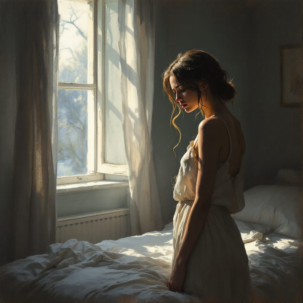 Woman in Serene Bedroom After Difficult Time