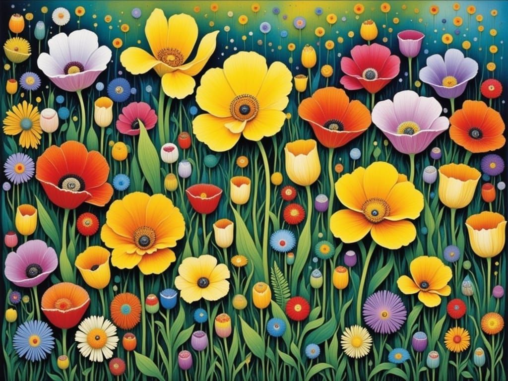 Whimsical Woodcut Poppy Garden in Vibrant Colors
