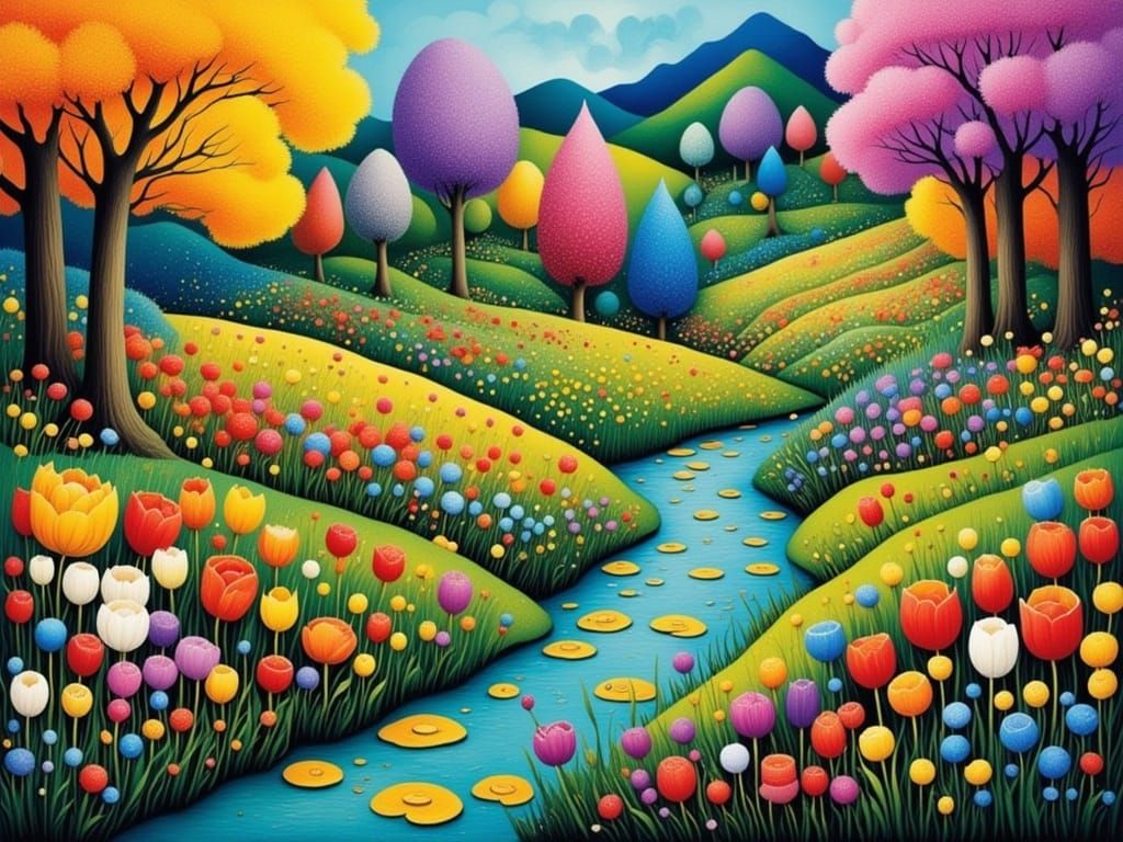 Vibrant Poppy Garden in Whimsical Woodcut Style