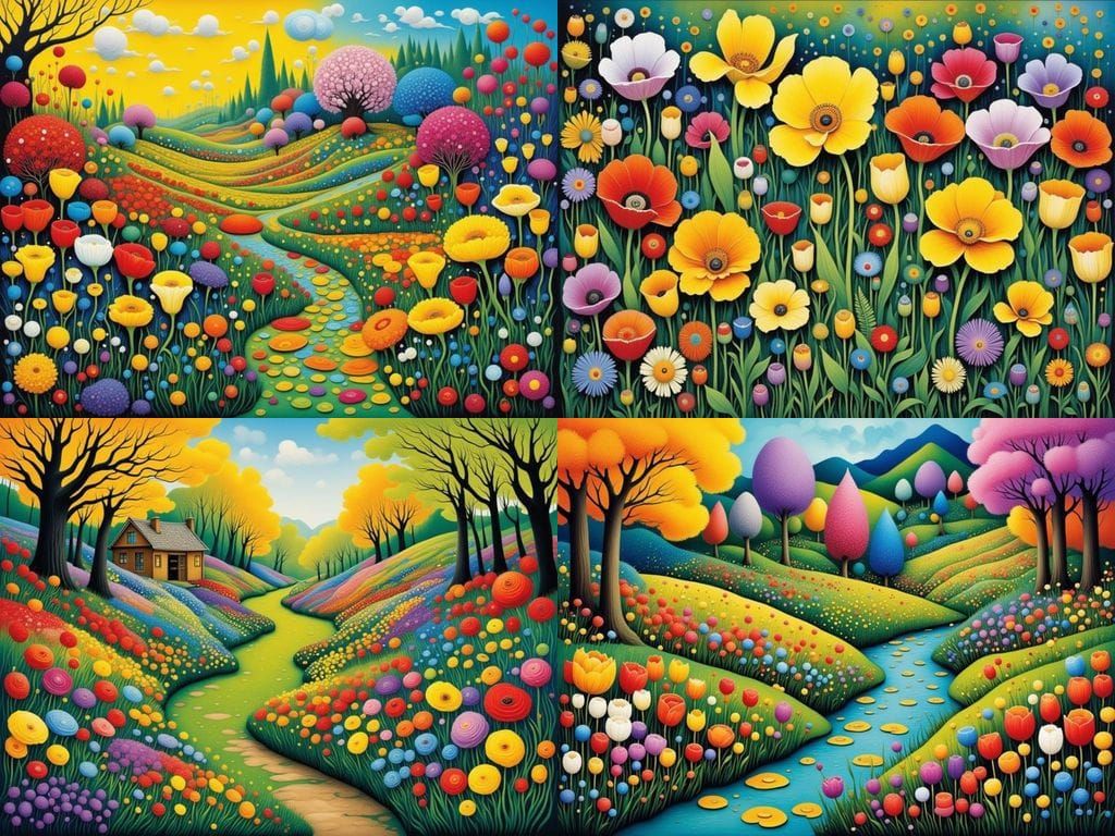 Surreal Woodcut Whimsy Garden Scene in Vibrant Colors