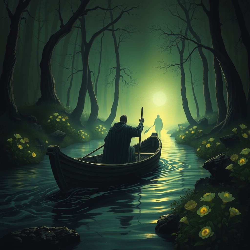 Surreal Dark Fantasy Depiction of River Styx Crossing in Mys...