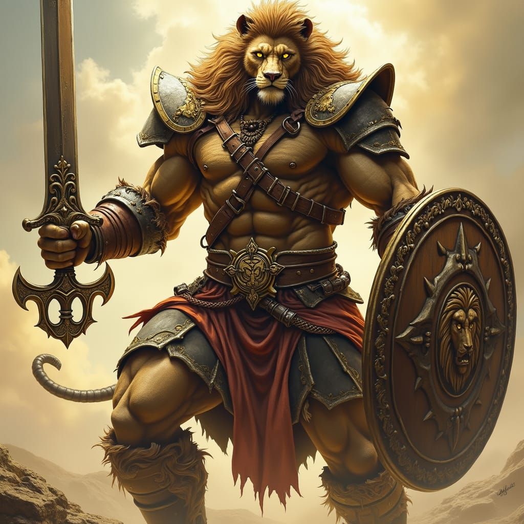 Regal Leonin Warrior with Long Sword and Shield