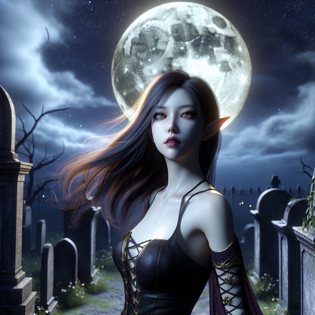 Asian Vampire Elf Goddess Reigns Under Midnight Moon