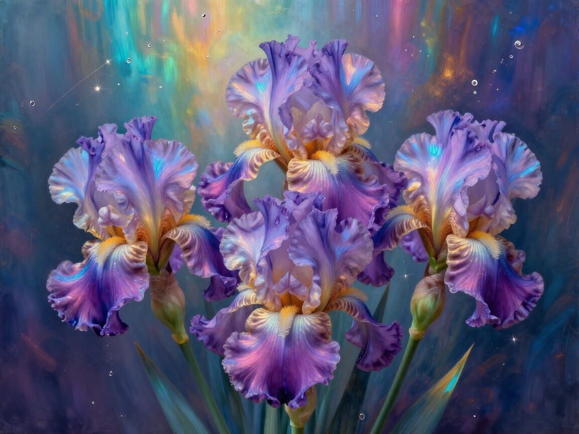 Irises Bloom in Prismatic Silk Flow