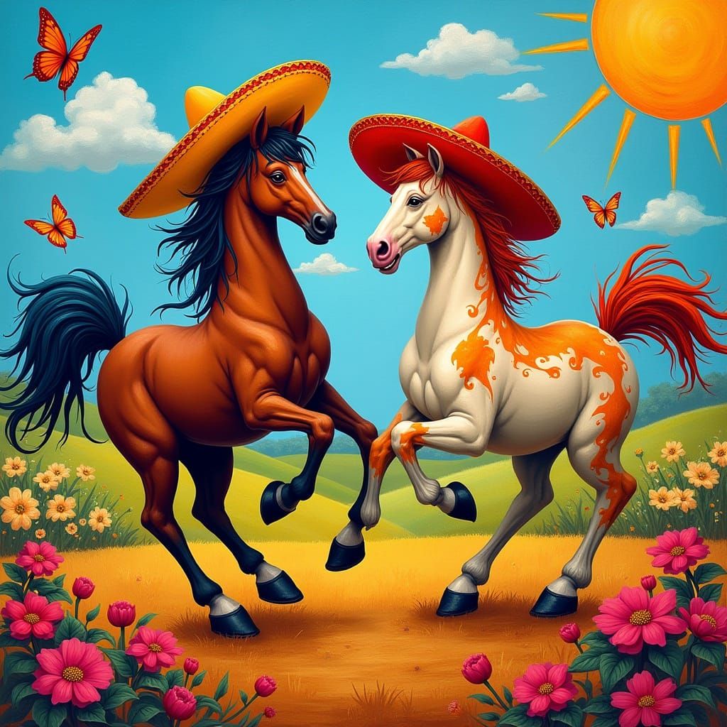 Horses Dancing in Sombreros, Latin American Folk Art