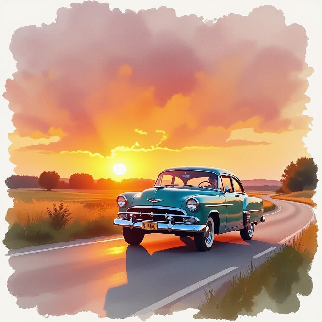 Dreamy Troll Sunset Summerscape in Watercolour Style