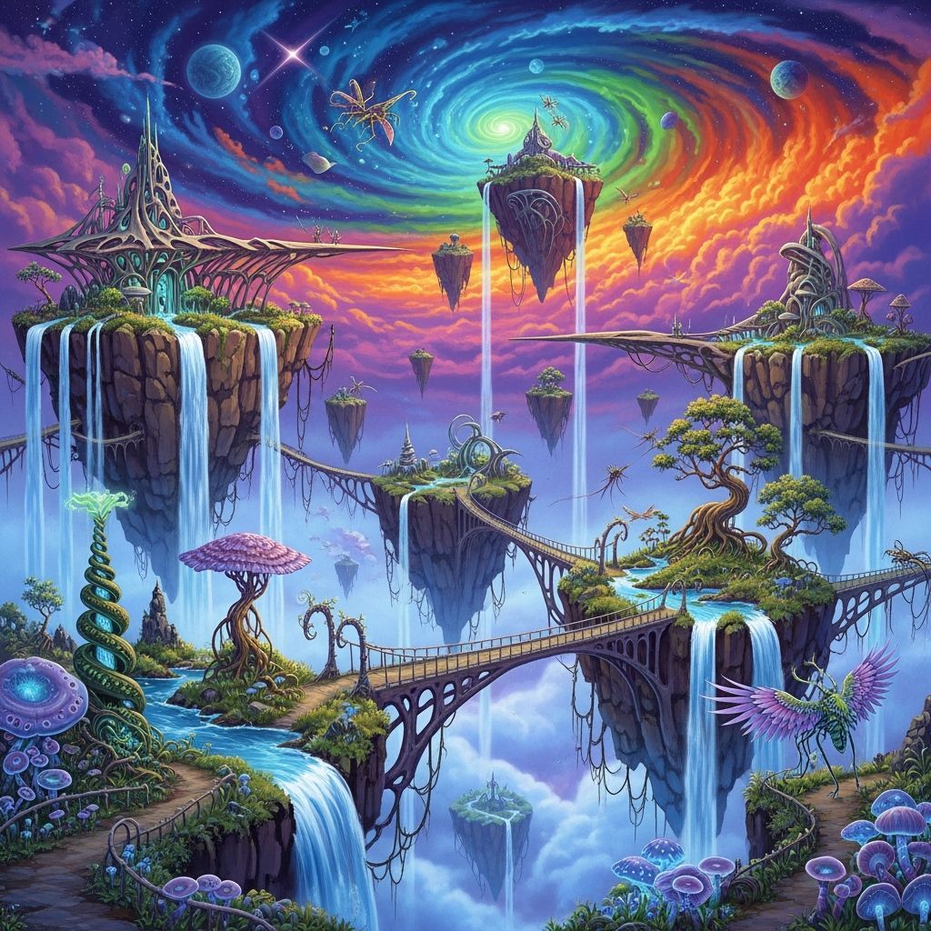 Psychedelic Dreamscape with Floating Islands and Waterfalls