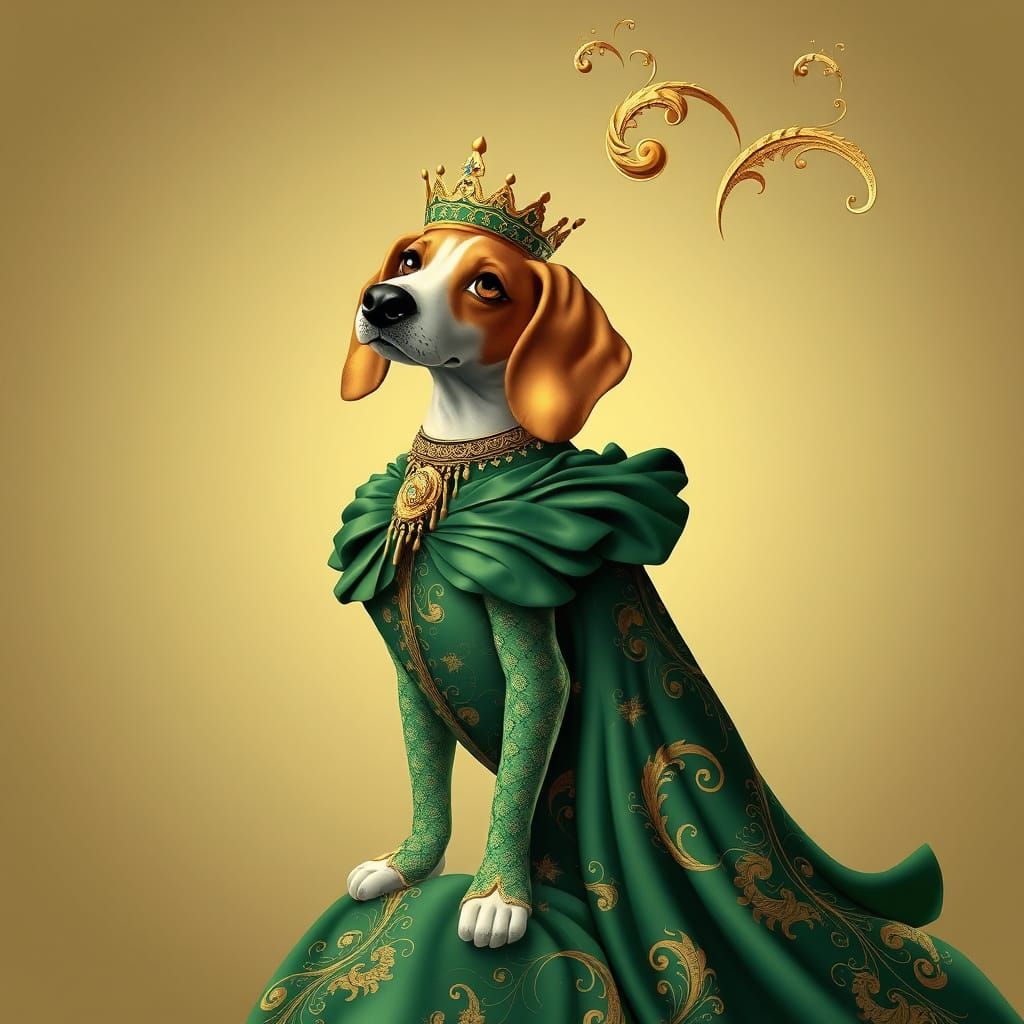 Beagle in Green and Gold Dress with Fractals