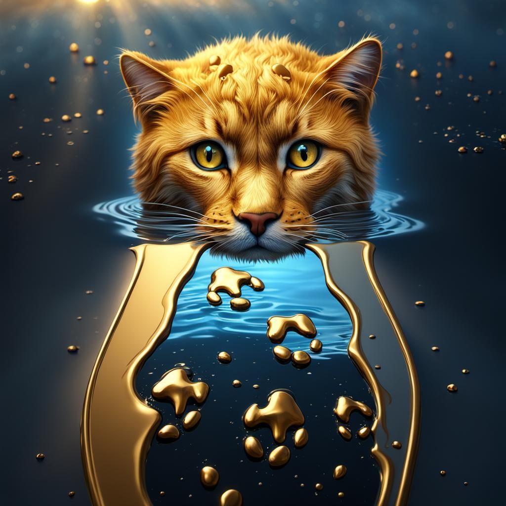 Golden Metallic Cat Footprint in Dazzling Wet Sand Art