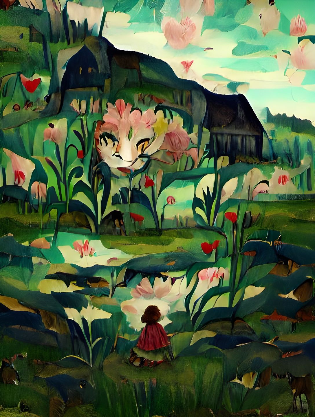 Prarie Girl in a Dreamy Watercolor Landscape