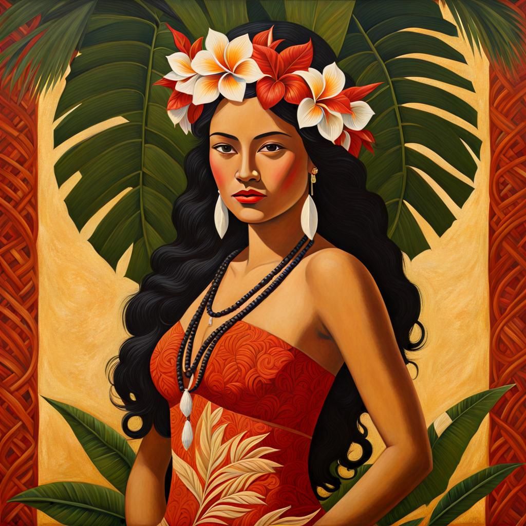 full body of a beautiful petite Polynesian woman, Paul Gogan style, egg tempera, texture canvas