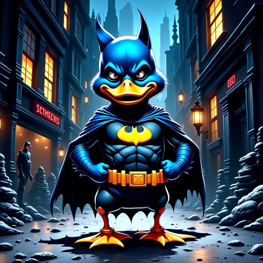 Heroic Duck in Miniature Batman Costume in Gotham City Alley...