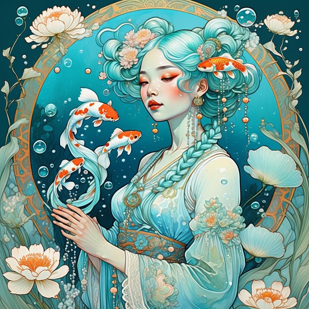 Mystical Koi Hair Goddess in Art Nouveau Style