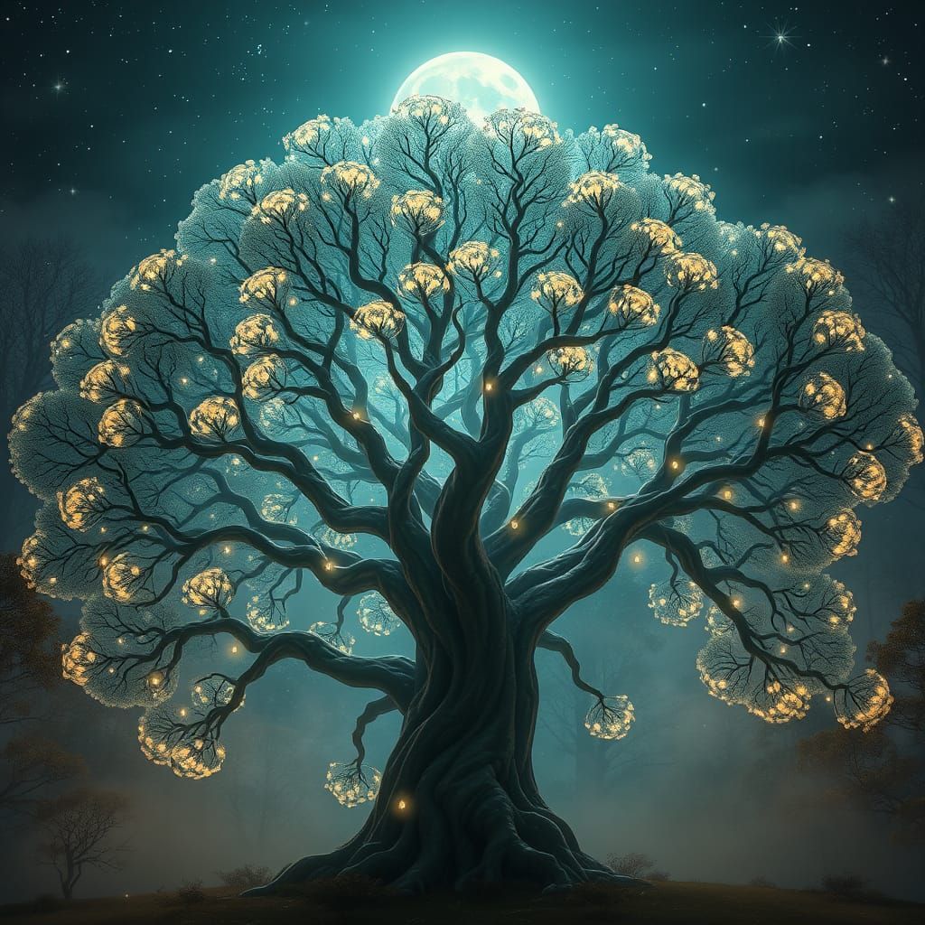 Ethereal Tree in Mystical Forest Under Starry Sky