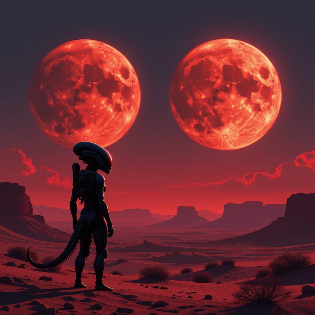 Xenomorph Silhouette with Red Moons, Hyperrealistic Sci-Fi A...