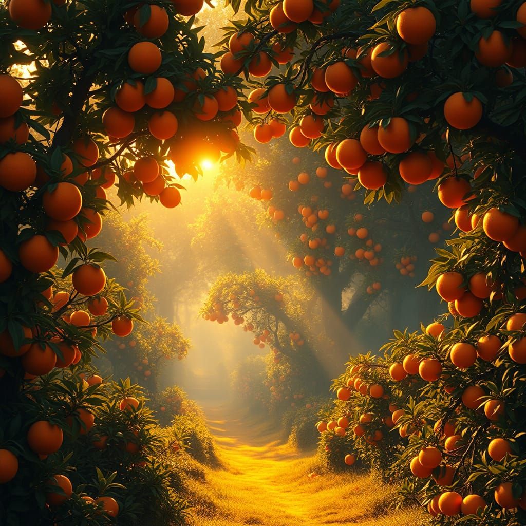 Vibrant Orange Grove in Mystical Fantasy Style