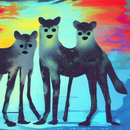 Sunset Silhouette Family of Hyenas in Vibrant Colors