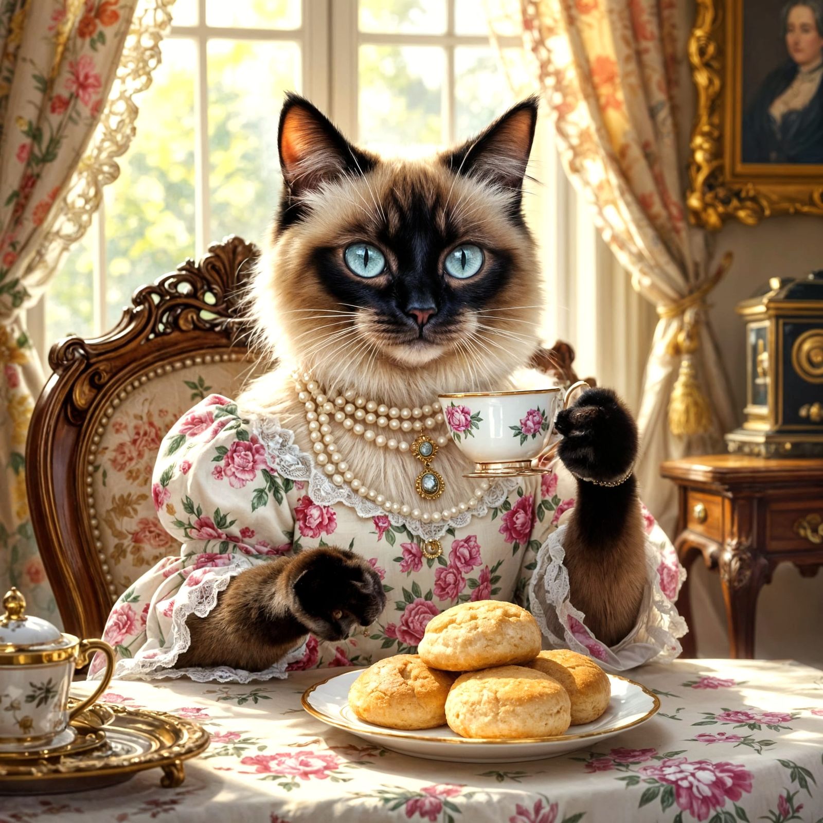 Siamese Cat's Victorian Tea Party, Digital Painting