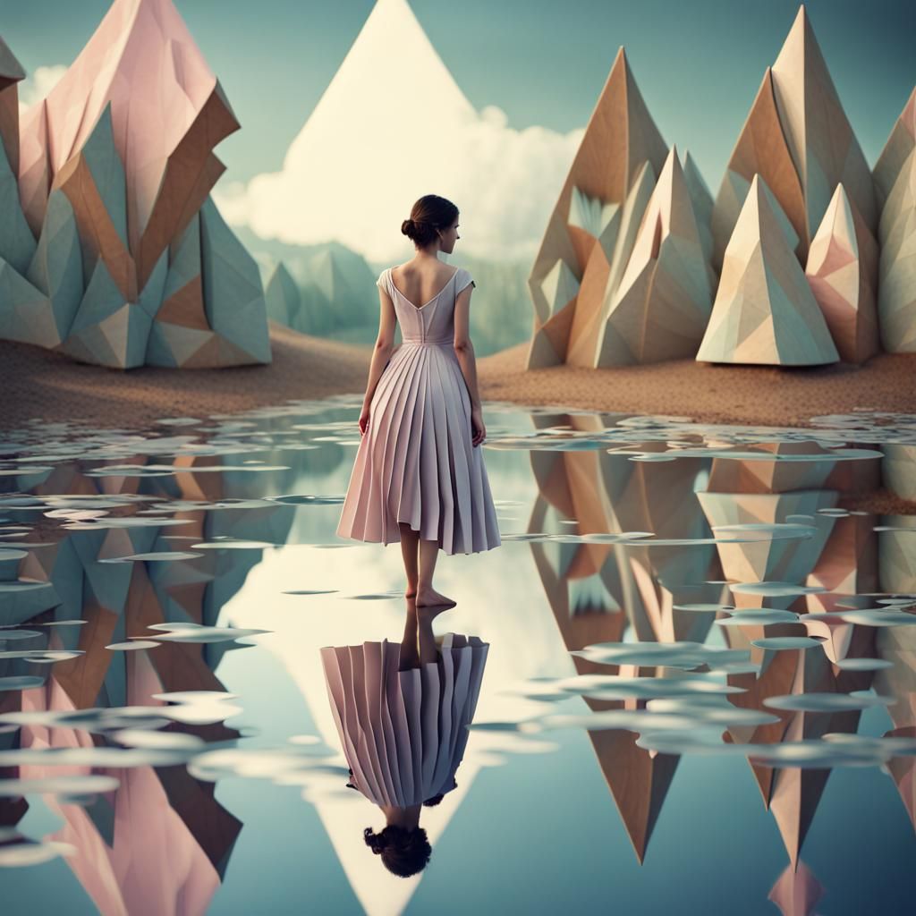 Fantasy Girl in an Origami Paper World