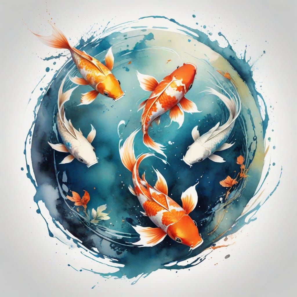"Visualize a splashy watercolour whimsical (2 koi swimming in a circle). Pisces inspired. Stylistic influences from Carn...