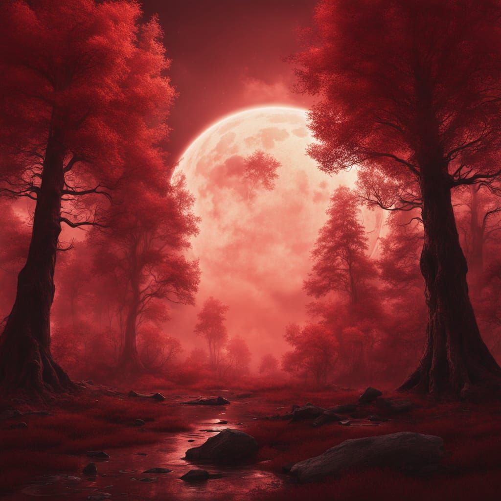 Enchanted Forest Under Blood Moon With Divine Light