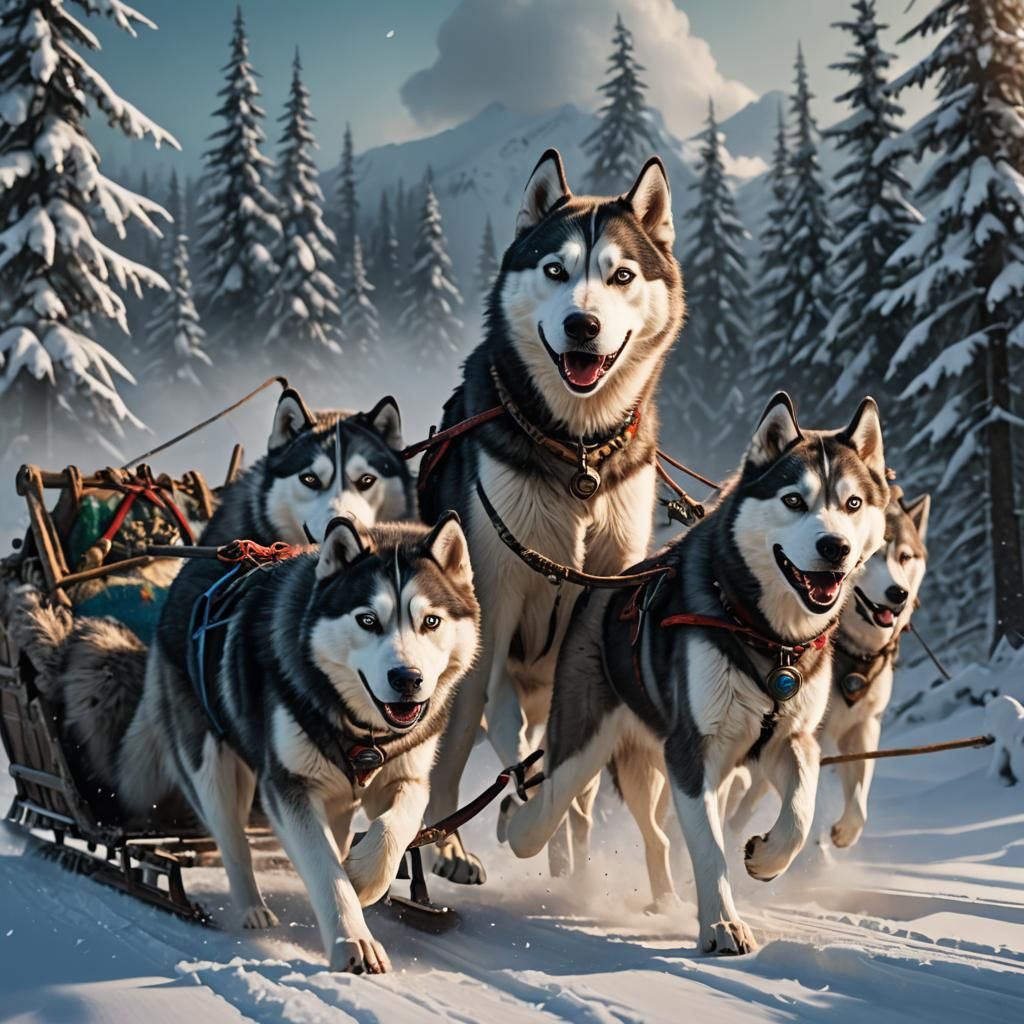Huskies Pulling Sled: Detailed Matte Painting