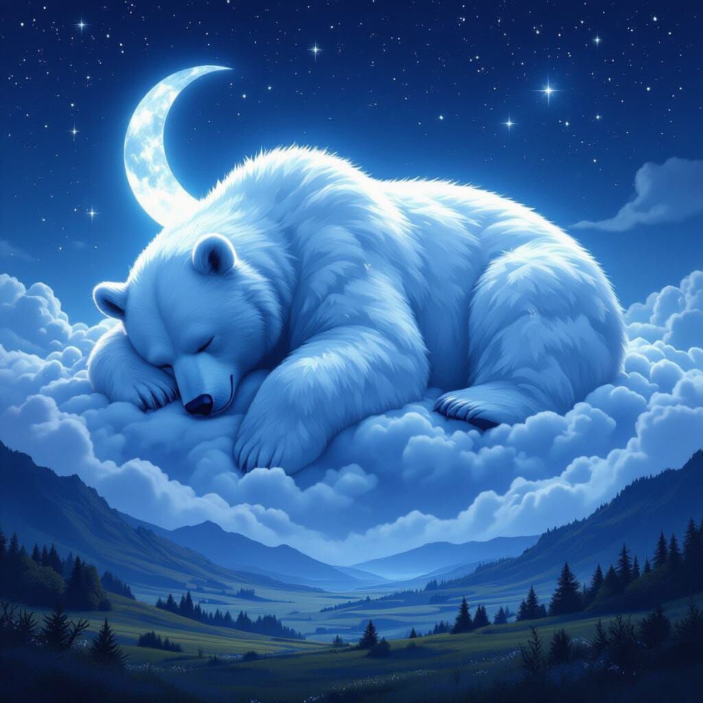 Giant Cloud Bear Sleeping Under Moonlight Stars
