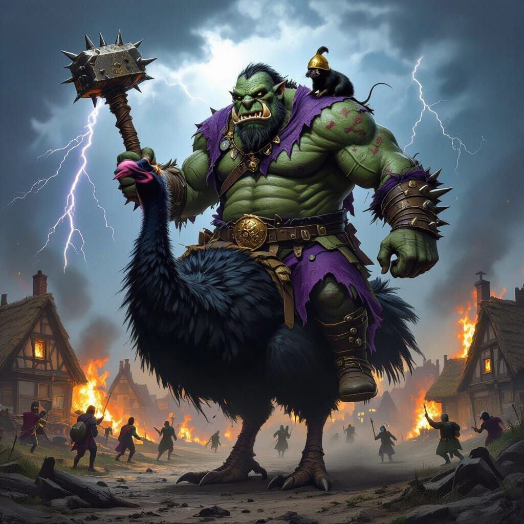 Ogre on Armored Ostrich Amidst Burning Village