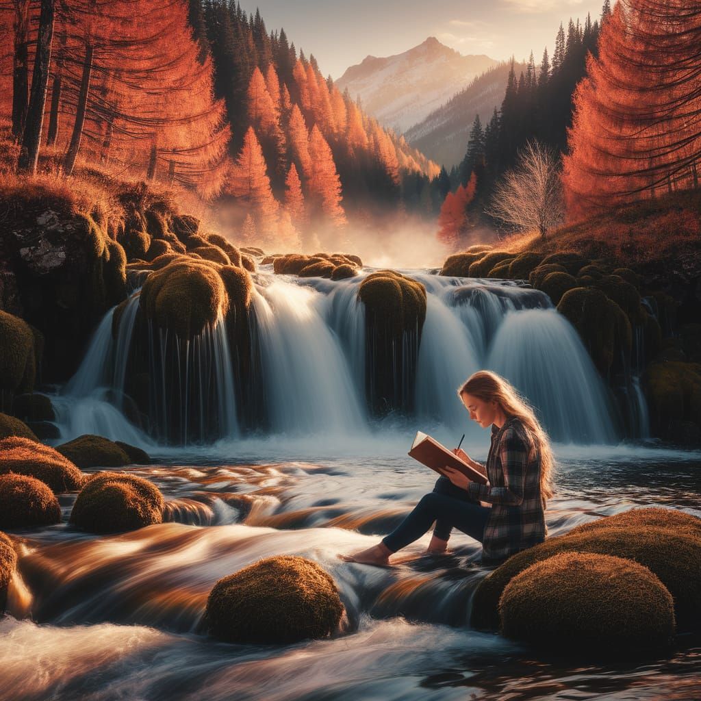 Woman Sketching by Autumn Waterfall in Golden Light