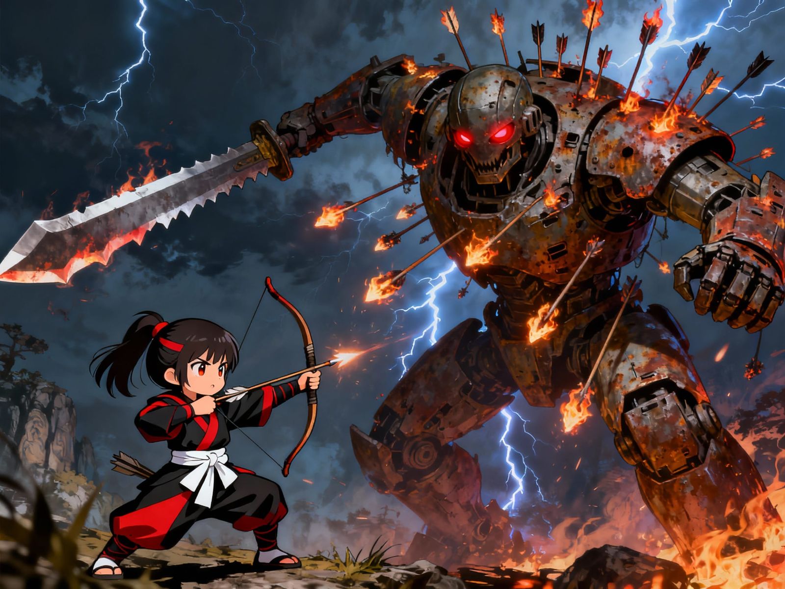 Anime Ninja Girl Battles Giant Evil Mecha