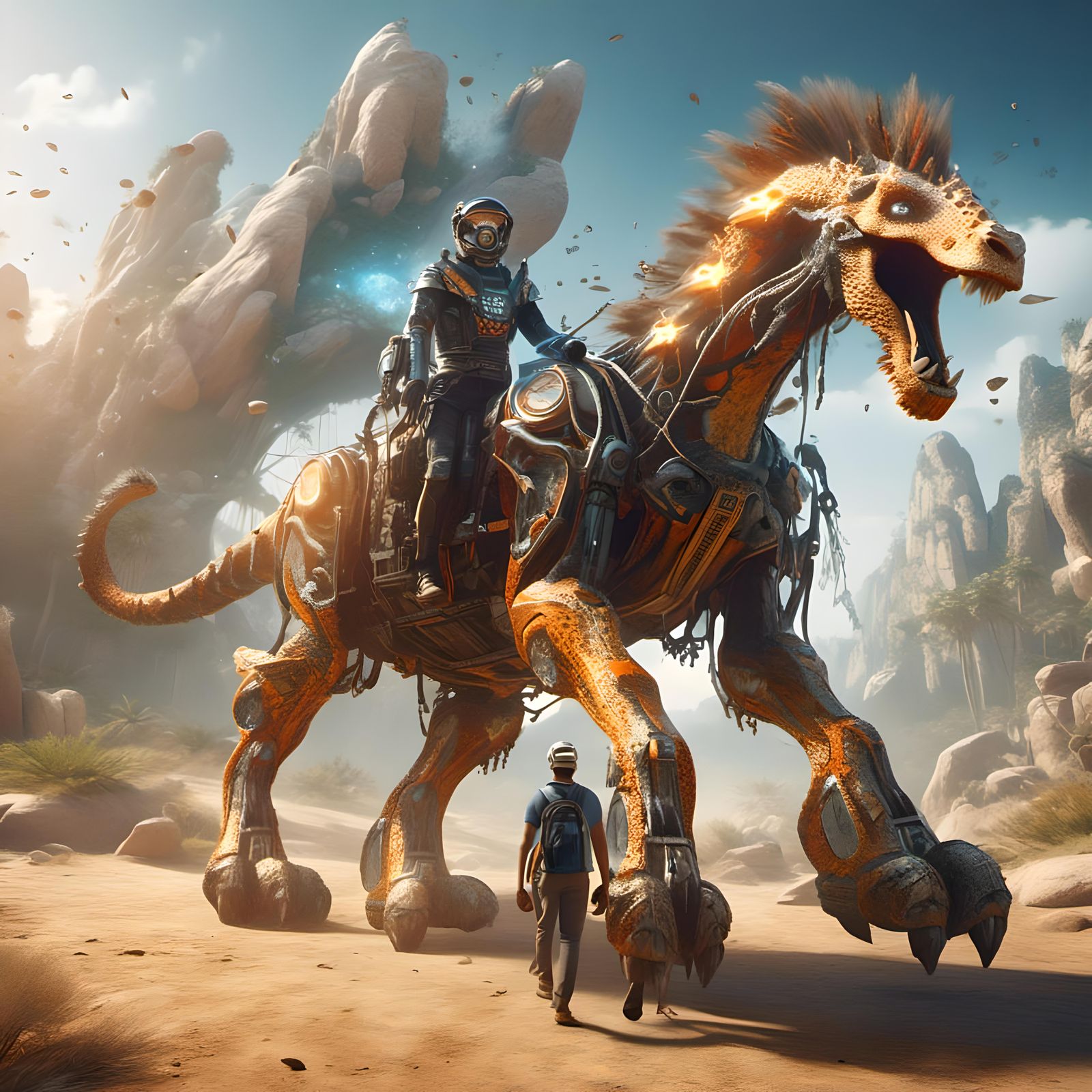 Cosmic alien planet floating rocks, tig-graf-eagle-horse anxious for his daily ride.

4 x hybrid. Tiger(tail) x giraffe(...