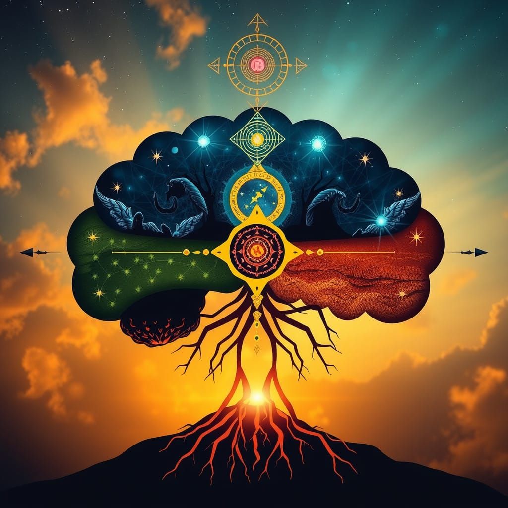 Surreal Landscape of Ancient Wisdom and Nature's Harmony