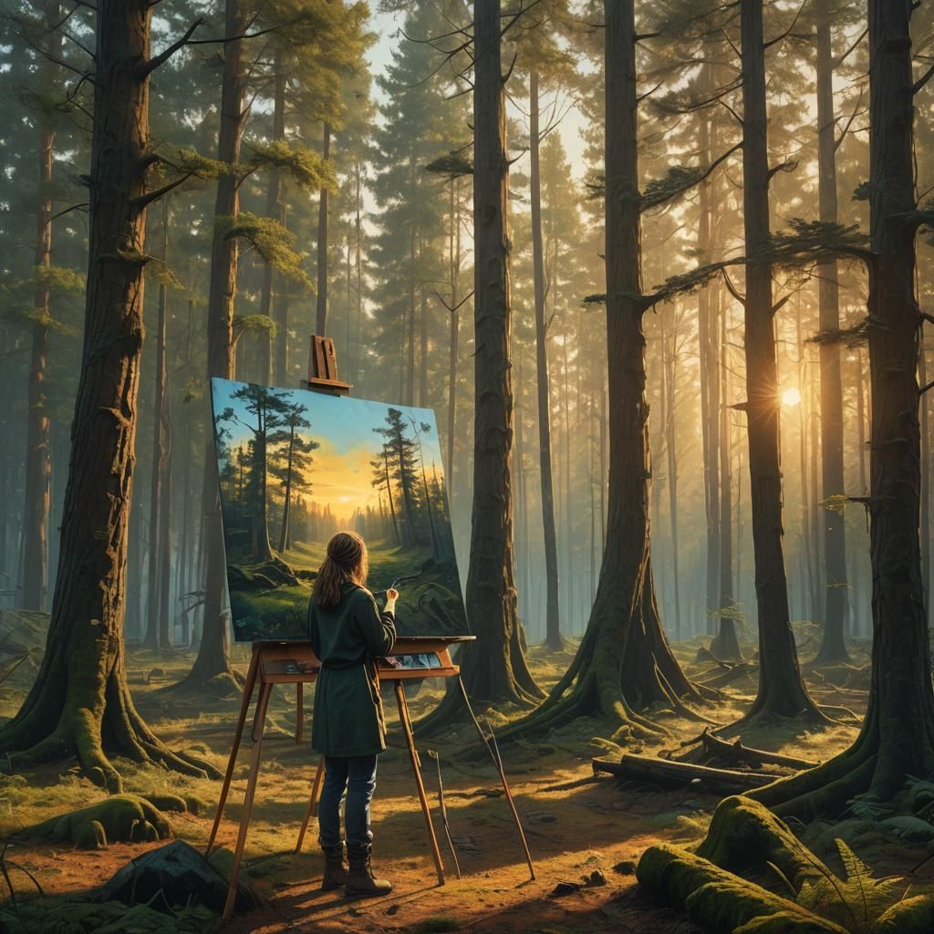 Girl Paints Apocalyptic Scene in Vibrant Fantasy Landscape