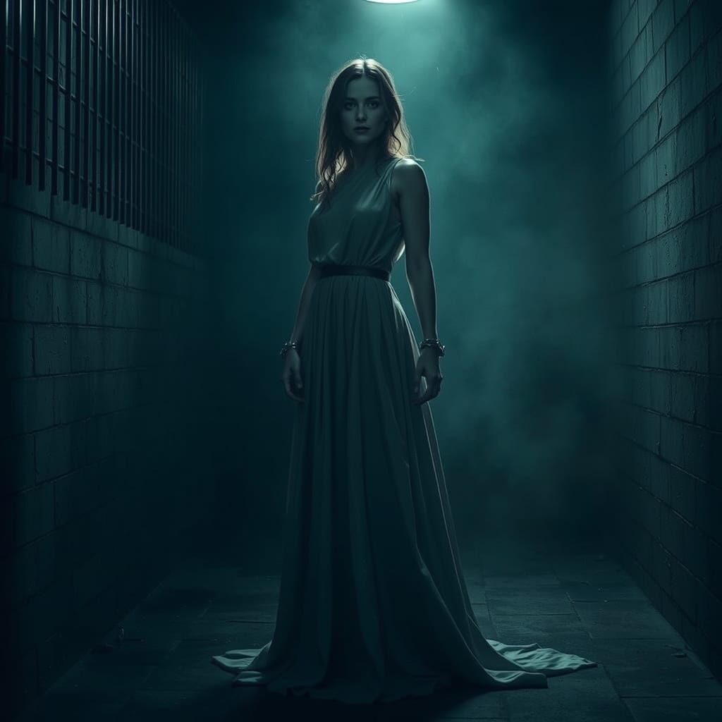 Shackled Woman in a Dimly Lit Cell